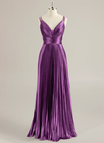 A-line V-Neck Floor-Length Jersey Prom Dresses With Pleated