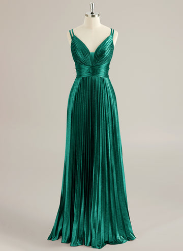 A-line V-Neck Floor-Length Jersey Prom Dresses With Pleated