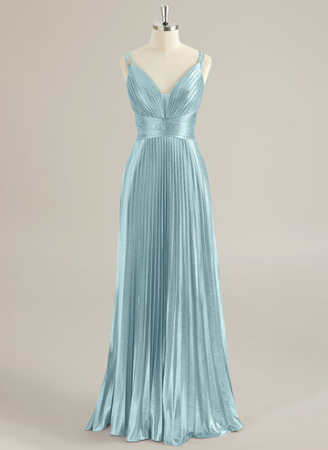 A-line V-Neck Floor-Length Jersey Prom Dresses With Pleated