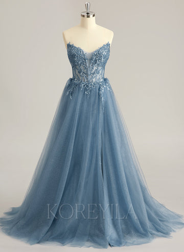 Ball-Gown/Princess V-Neck Sweep Train Tulle Prom Dresses With Beading Sequins