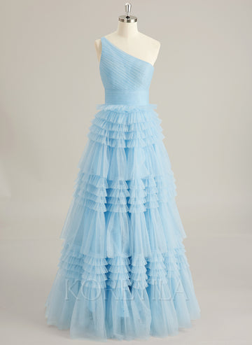Ball-Gown/Princess One Shoulder Floor-Length Tulle Prom Dresses With Ruffle
