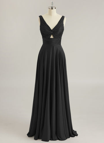 A-line V-Neck Floor-Length Silky Satin Prom Dresses With Pleated