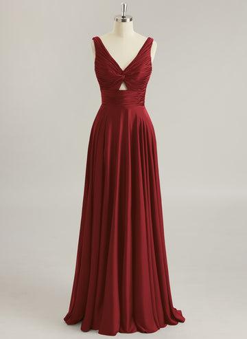 A-line V-Neck Floor-Length Silky Satin Prom Dresses With Pleated