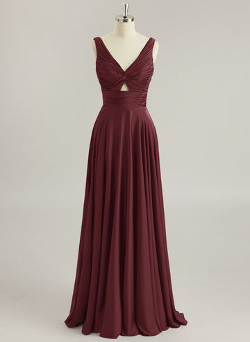 A-line V-Neck Floor-Length Silky Satin Prom Dresses With Pleated