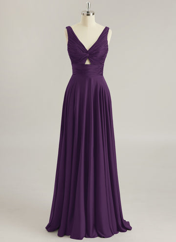A-line V-Neck Floor-Length Silky Satin Prom Dresses With Pleated