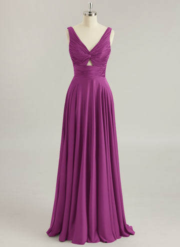 A-line V-Neck Floor-Length Silky Satin Prom Dresses With Pleated