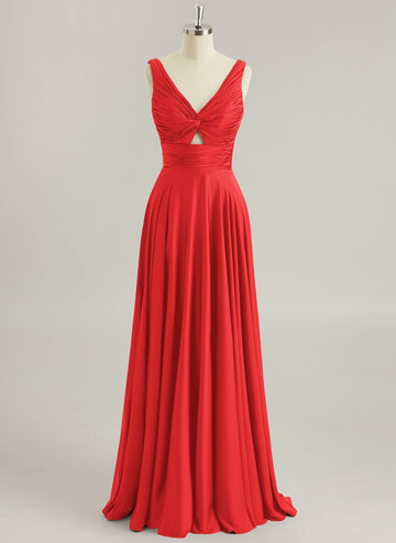 A-line V-Neck Floor-Length Silky Satin Prom Dresses With Pleated