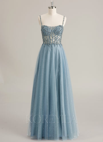 A-line Sweetheart Floor-Length Tulle Prom Dresses With Rhinestone Beading Sequins