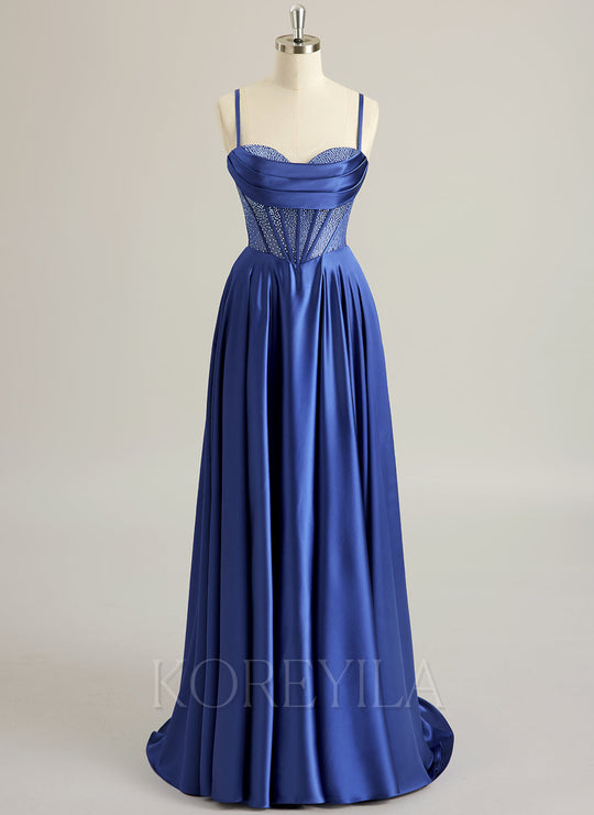 A-line Sweetheart Sweep Train Silky Satin Prom Dresses With Rhinestone