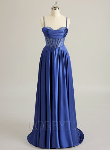 A-line Sweetheart Sweep Train Silky Satin Prom Dresses With Rhinestone