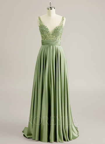 A-line V-Neck Sweep Train Jersey Prom Dresses With Sequins Beading Appliques Lace