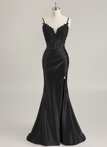 Trumpet/Mermaid V-Neck Sweep Train Jersey Prom Dresses With Rhinestone Appliques Lace Sequins Beading