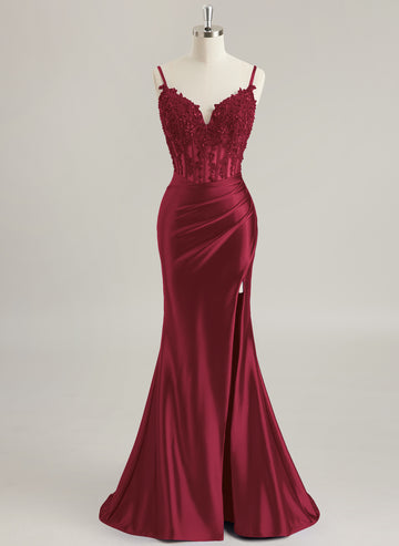 Trumpet/Mermaid V-Neck Sweep Train Jersey Prom Dresses With Rhinestone Appliques Lace Sequins Beading