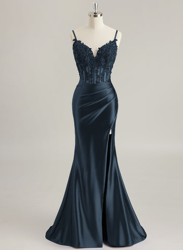 Trumpet/Mermaid V-Neck Sweep Train Jersey Prom Dresses With Rhinestone Appliques Lace Sequins Beading