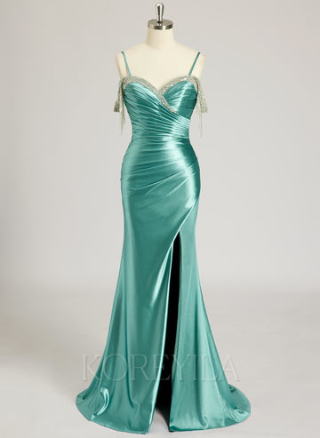 Trumpet/Mermaid Off the Shoulder Sweep Train Jersey Prom Dresses With Rhinestone Beading Sequins