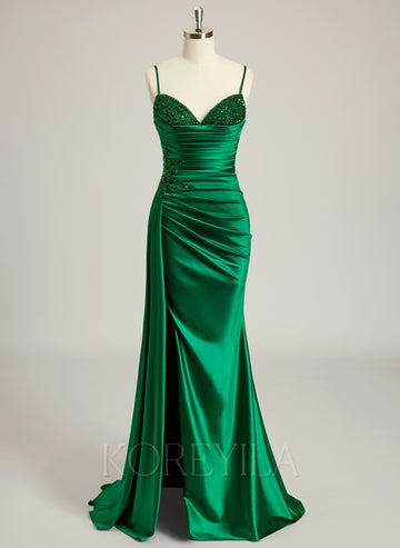 Trumpet/Mermaid V-Neck Sweep Train Jersey Prom Dresses With Beading Sequins