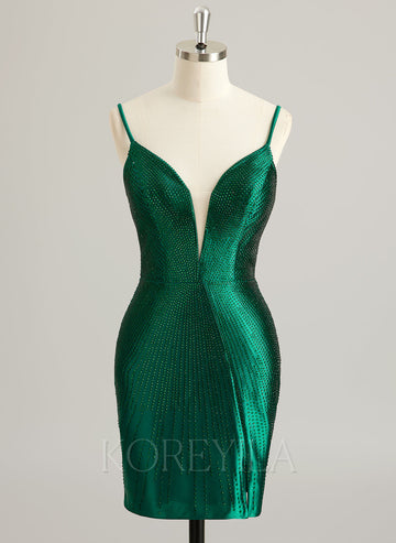 Sheath/Column V-Neck Short/Mini Jersey Prom Dresses With Rhinestone