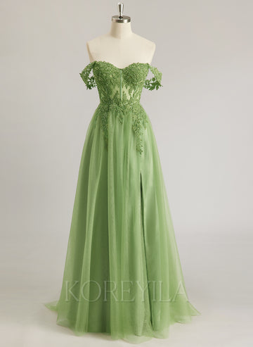 A-line Off the Shoulder Sweep Train Tulle Prom Dresses With Sequins Appliques Lace Beading