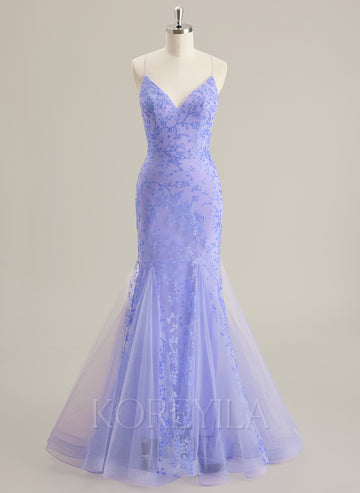 Trumpet/Mermaid V-Neck Floor-Length Lace Prom Dresses
