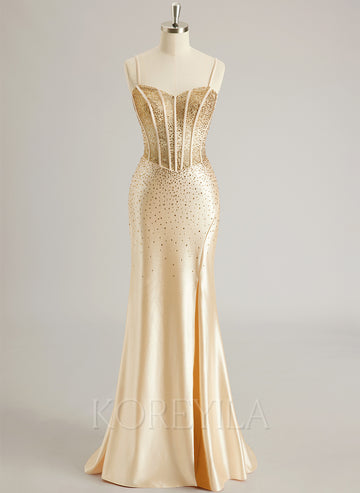 Trumpet/Mermaid Sweetheart Sweep Train Silky Satin Prom Dresses With Rhinestone