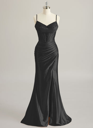 Trumpet/Mermaid V-Neck Sweep Train Silky Satin Prom Dresses With Pleated Rhinestone