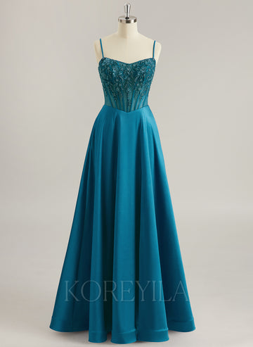 A-line V-Neck Sweep Train Silky Satin Prom Dresses With Sequins Beading