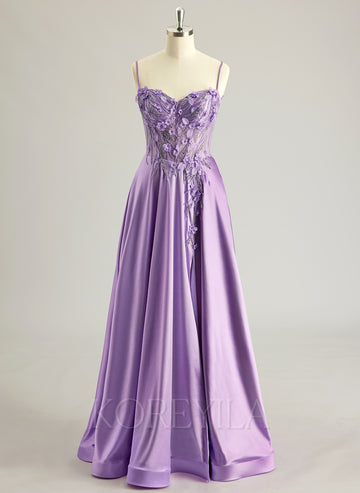 A-line Sweetheart Sweep Train Silky Satin Prom Dresses With Rhinestone 3D Floral Sequins Beading
