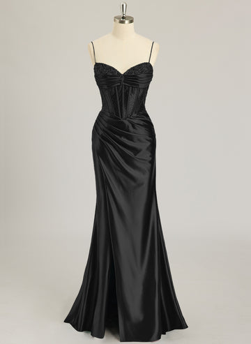 Trumpet/Mermaid V-Neck Sweep Train Silky Satin Prom Dresses With Rhinestone Sequins Beading