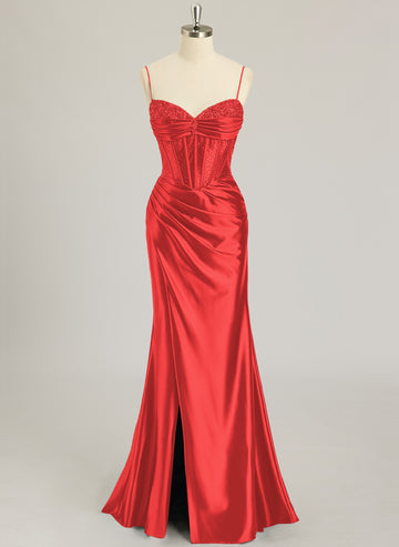 Trumpet/Mermaid V-Neck Sweep Train Silky Satin Prom Dresses With Rhinestone Sequins Beading