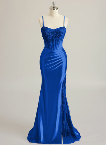 Trumpet/Mermaid V-Neck Sweep Train Silky Satin Prom Dresses With Appliques Lace Beading