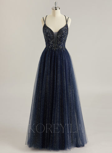 Ball-Gown/Princess V-Neck Sweep Train Tulle Prom Dresses With Rhinestone Beading Sequins