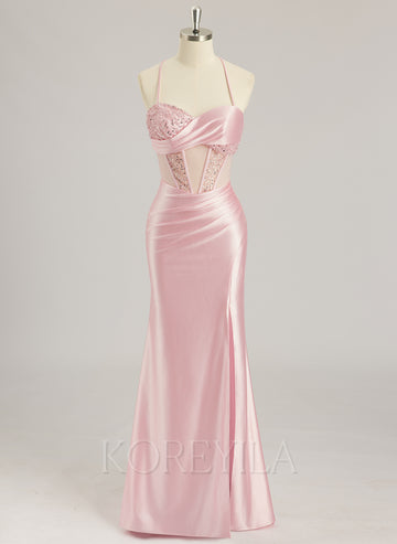 Trumpet/Mermaid Sweetheart Sweep Train Silky Satin Prom Dresses With Sequins Beading