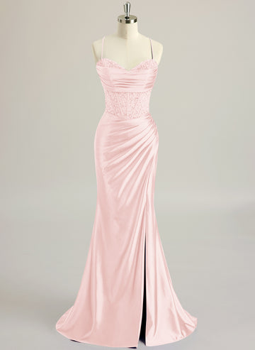Trumpet/Mermaid Sweetheart Sweep Train Silky Satin Prom Dresses With Beading Sequins Pleated