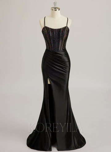 Trumpet/Mermaid Scoop Sweep Train Silky Satin Prom Dresses With Rhinestone