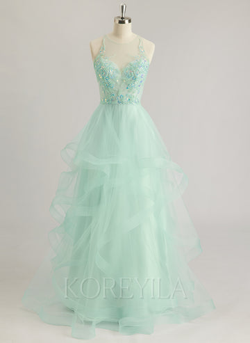 Ball-Gown/Princess Illusion Floor-Length Tulle Prom Dresses With Sequins Beading