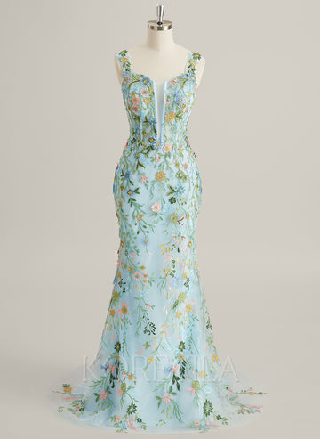 Trumpet/Mermaid V-Neck Sweep Train Lace Maxi Dresses With Flower