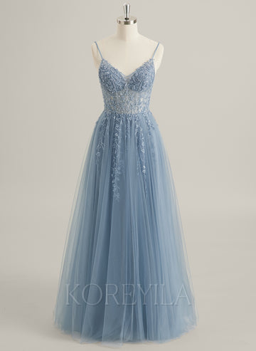 A-line V-Neck Floor-Length Tulle Lace Maxi Dresses With Sequins