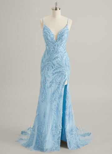 Trumpet/Mermaid V-Neck Sweep Train Lace Maxi Dresses With Sequins