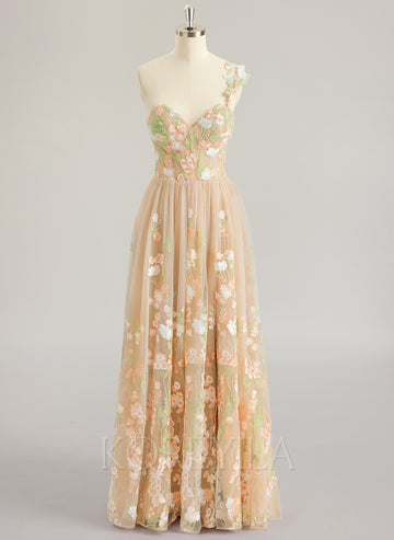 A-line One Shoulder Floor-Length Lace Maxi Dresses With Flower