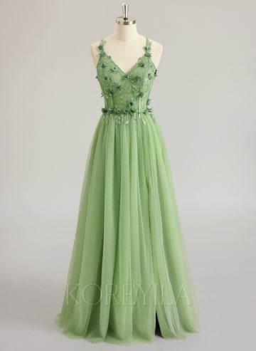 A-line V-Neck Floor-Length Tulle Lace Maxi Dresses With Sequins 3D Floral Flower