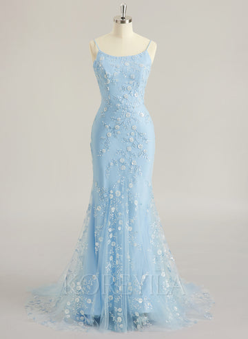 Trumpet/Mermaid Scoop Sweep Train Tulle Lace Maxi Dresses With Sequins