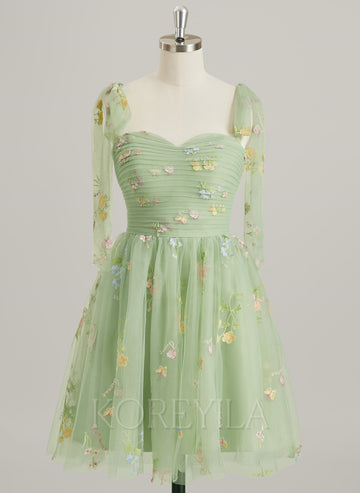 A-line Sweetheart Mini Lace Mini Dress With Bow Pleated