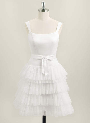 A-line Sleeveless Short Satin Tulle Homecoming Dress With Bow