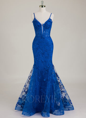 Spaghetti Straps V-Neck 3D Floral Lace Trumpet/Mermaid Maxi Dress