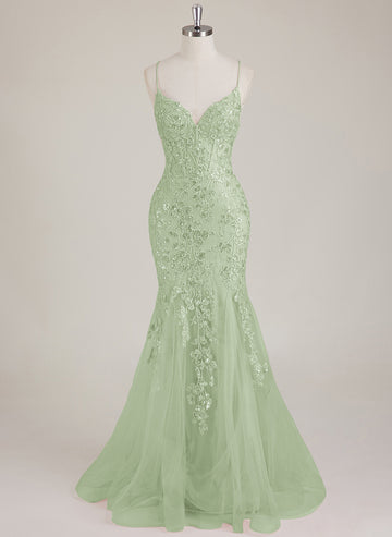 Sleeveless V-Neck Sequins Tulle Trumpet/Mermaid Maxi Dress