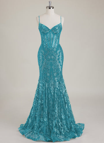 Spaghetti Straps V-Neck Corset Sequins Lace Trumpet/Mermaid Maxi Dress