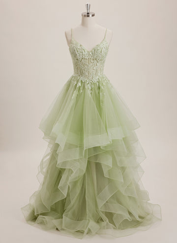 Ball-Gown/Princess V-Neck Sweep Train Tulle Maxi Dresses With Appliques Lace