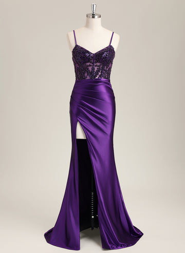 Trumpet/Mermaid Spaghetti Straps Sweep Train Satin Prom Dress With Sequins