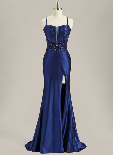 Trumpet/Mermaid Spaghetti Straps Sweep Train Satin Prom Dress With Sequins