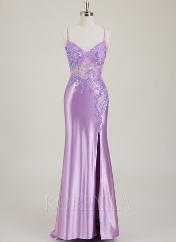 Spaghetti Straps V-Neck Sequins Jersey Trumpet/Mermaid Maxi Dress With Leg Slit